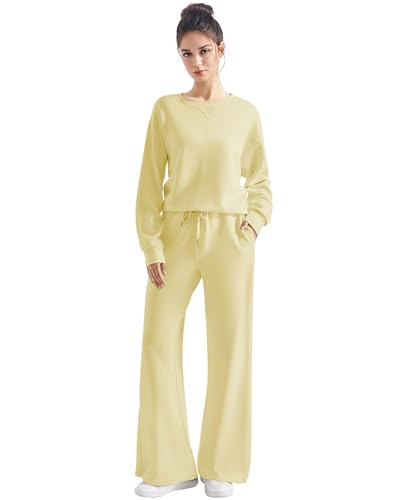 SUUKSESS Women Modal 2 piece outfits Oversized Sweatshirt Fall Lounge Set Wide Leg Pants Matching Sets (Butter Yellow,S)