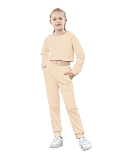 Image of Betusline Girls 2 Piece Outfits Girls Cropped Sweatsuit Pants Outfit Clothes Set, 4T-14 Years