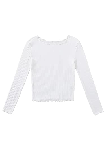 Milumia Women s Ribbed Knit Long Sleeve T Shirt Lettuce Edge Slim Fit Tee Tops White Large