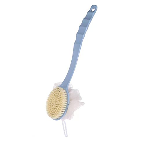 Brosse de douche 2 en 1 avec poils et luffa, éponge à récurer pour le dos avec long manche incurvé pour exfolier la peau, poils de massage adaptés pour les peaux humides ou sèches