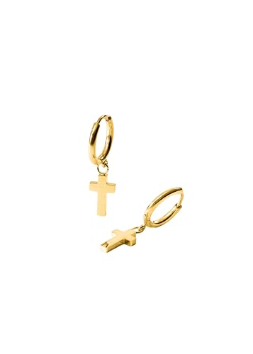 PURELEI® Boucles d'oreilles cross pour homme - Créoles en acier inoxydable avec pendentif en forme de croix - Plaqué or 18 carats - Argent ou or rose -...