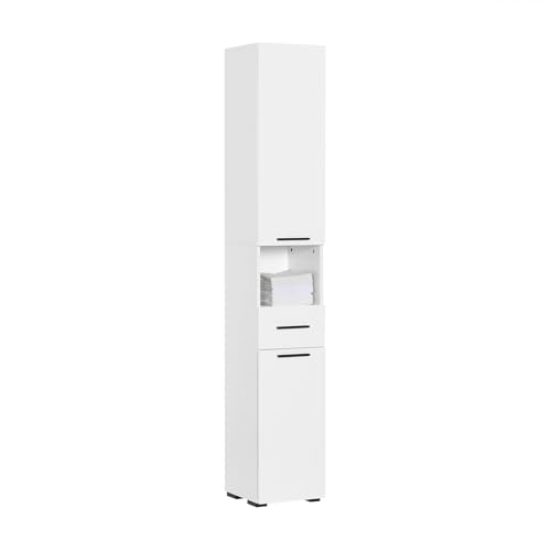 SoBuy Mueble Columna de Baño Armario para Baño Alto Estanterías de baño con 6 Estantes 2 Puertas y 1 Comprtimento Abierto y 1 Cajón Blanco 31 x 30 x 182 cm BZR166-W ES