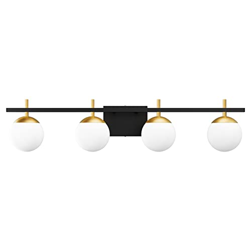 Image of Ralbay Mid Century Modern Vanity Light Fixture 4-Light Milky Glass Modern Bathroom Vanity Lights Over Mirror, Black /Golden Modern Vanity Light for Bathroom Black and Gold 4 Light(Exclude Bulb)
