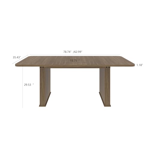 Image of 78.74 inch Extendable Dining Table for 6 8 10 Person, Farmhouse Rustic Expandable Table Large Rectangle Wooden Expanding Table with Fluted Pedestal Base for Kitchen Dining Meeting Room Small Space, Brown