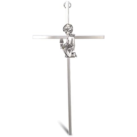 ACHIBANG Baby Wall Cross First Holy Communion Gifts for Boys, 8 Inch Metal Crosses with Pewter Boy Casting for First Holy Communion Decor, Shiny Silver Cover