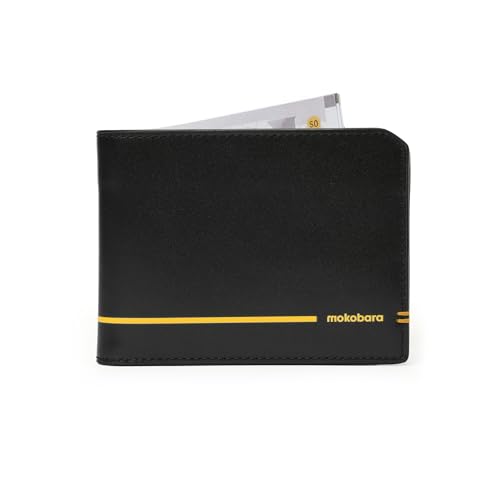 Image of MOKOBARA Stash Slim Bifold Wallet for Men | Monostriped | Genuine Leather | RFID Protected | Holds Up to 6 Cards | Single Currency Compartment | Money Moves (Black)