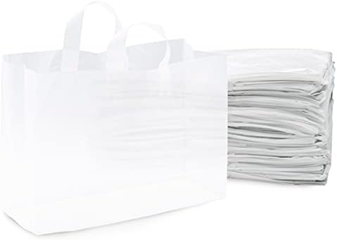 Prime Line Packaging - 16x6x12 Inch 100 Pack Plastic Bags with Handles, Shopping Bags for Small Business, Large Clear Frosted White in Bulk for Boutiques, Retail Stores, Merchandise & Gifts