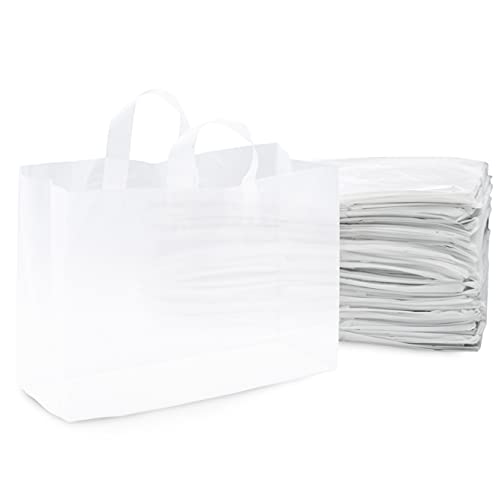 Prime Line Packaging Large Plastic Bags with Handles for Small Business Essential, Boutique Shopping, Frosted White for Retail, Bulk, 16x6x12 200 Pack