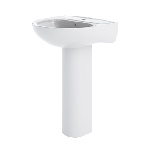 Balterley 550mm Bathroom Sink, Full Pedestal Ceramic Round Bowl Bathroom Wash Basin Sink with Overflow, 1 Tap Hole, Floor Standing Basin Sinks for Cloakroom - 550 x 480 x 840mm (White)