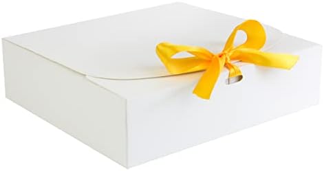Emartbuy Pack of 12 Square Shaped Presentation Gift Box, 24 cm x 24 cm x 5 cm, Easy Assembly, Black Box with Bow Ribbon