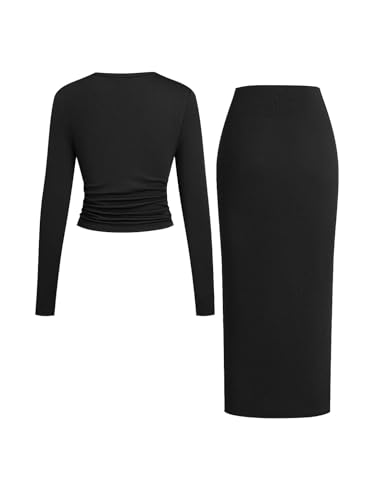Women's 2 Pieces Skirt Set Knit Long Sleeve Crop Top Twist Front Slim Fit Solid Color Side Slit Tight Bodycon Skirt3