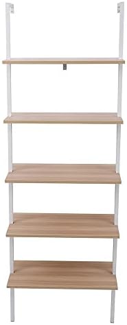 DUZA Modern 5-Tier Open Wall Mount Ladder Bookshelf with Industrial Metal Frame, Storage Rack Shelves, Stand Bookcase Display Shelf Shelves for Living Room, Home, Office, Oak/White