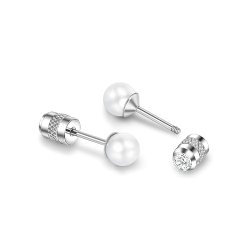 Orecchini in titanio con perle ipoallergenici, da donna, uomo, ragazza, G23, in titanio, con chiusura a vite, piccole perle, 4/5/6 mm, Titanio, Nessuna pietra preziosa