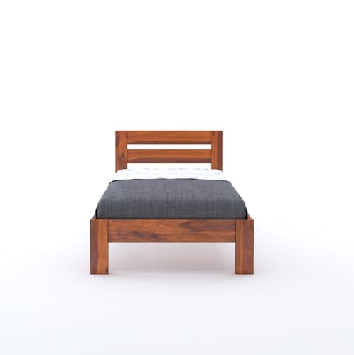 Image of BM WOOD FURNITURE Wooden Single Size Bed Without Storage | Single Cot with Upholstered Cushion Headboard for Hotel & Guest Room | Solid Wood Sheesham, Honey Finish