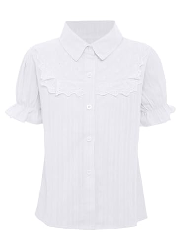 Hularka Kids Girls Puff Sleeve Turn-Down Collar Lace Trim Shirts Ruffle Button Down Blouse School Uniform Tops3