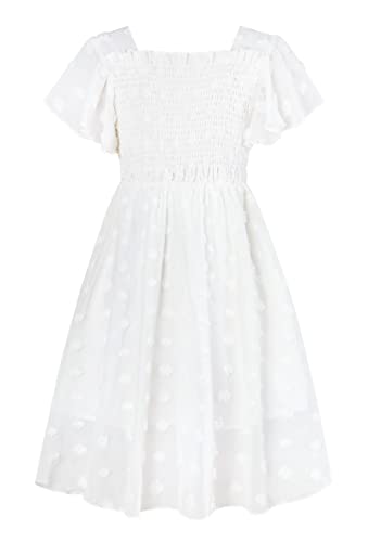 Pure White Chiffon Dresses 12 13 Year Old Young Girls Elegant Flutter Sleeve Square Neck Swiss Dot Sundress Size 12 13 Teens Tulle Midi Dress Special Occasion Banquet Plain Frocks