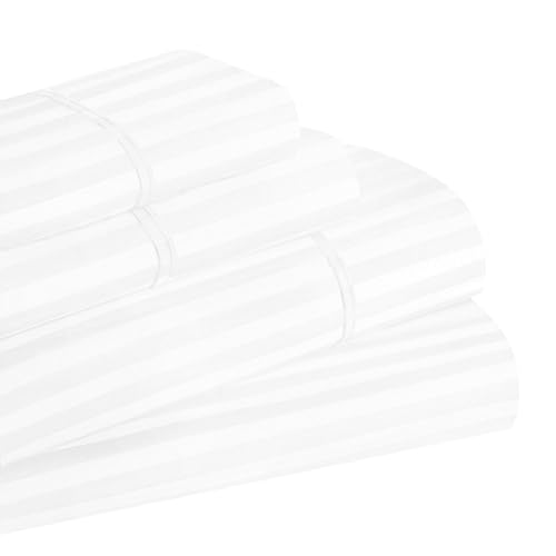 Superior Egyptian Cotton 300 Thread Count Bed Sheet Set, 1 Elastic Deep Pocket Fitted Sheet, 1 Flat Sheet, 2 Pillowcases, Daily Sheets, Luxury Home Essentials, Striped Design, Queen, White
