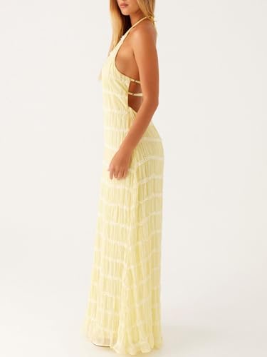 Women Y2k Backless Long Dress Halter Tie Neck Maxi Dress Flowy Beach Sundress Summer Streetwear3