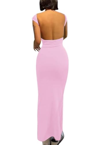 Image of AYWA Womens Sexy Backless Maxi Dress Casual Bodycon Boat Neck Short Sleeve Party Club Long Dresses