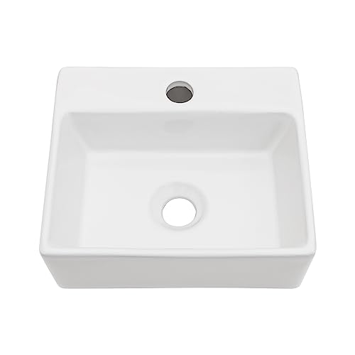 Kichae Wall Mount Hung Small Vessel Sink - Bathroom Corner Floating Sink Rectangle 13" x 11" Modern Bathroom White Porcelain Ceramic Vessel Vanity Sink with Faucet Hole