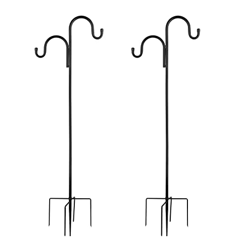 LOLOST 60 Inch Tall Shepherd Hooks with 5-Forked Base, Adjustable Heavy Duty Bird Feeder Pole Stand Hanger for Outdoor, Shiny Black,Shiny Black, Suitable for Halloween Decoration, 2 Pack