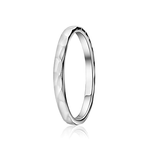 Hoops & Loops 925 Sterling Silver Thin Plain 2mm Hammered Stacking Ring | Skinny Comfort Fit Stackable Band Ring for Women2
