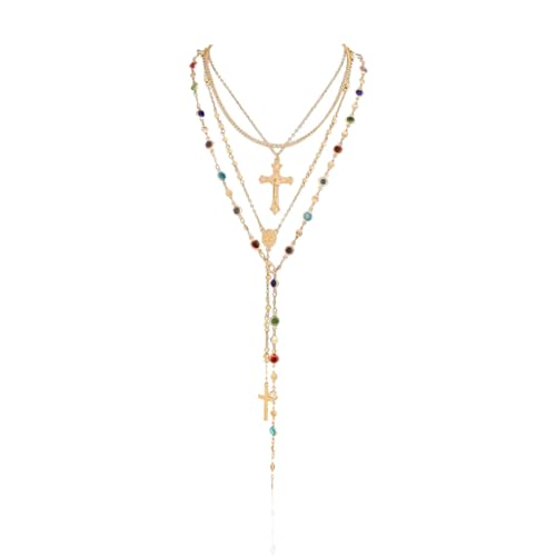 Gold Color Cross Pendant Necklace Set for Women,Dainty Big Crystal Cross Imitation pearl Layered Chain Necklace Summer Party Jewelry