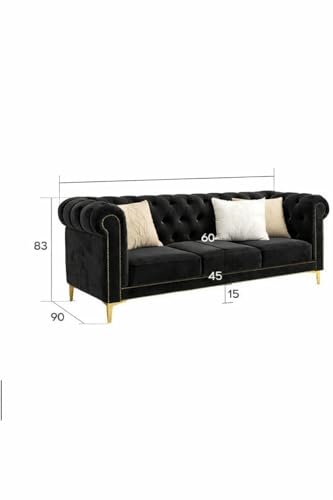 Image of Modern Classic 3 Seater Sofa Couch Fabric & Valvet Tufted Chesterfield Sofa Living Room and Office (3 Seater in Black) | Premium Material