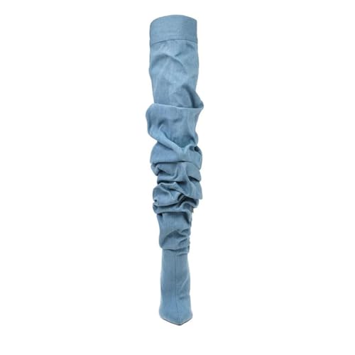 THESHY Women's Slouchy Over The Knee Boots Denim Pointed Toe Stiletto Heel Thigh High Boots Pleated Tall Fashion Sexy Bootie4