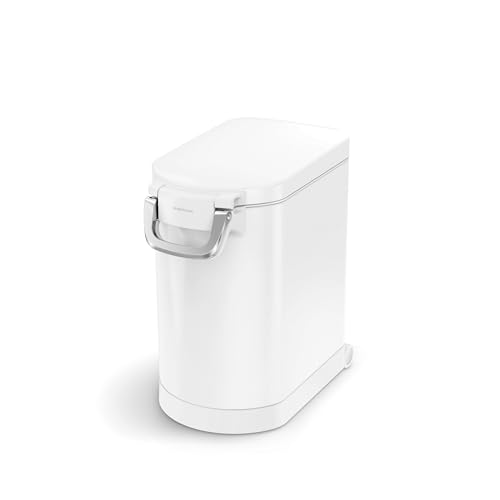 Image of simplehuman Medium Pet Food Storage Container, Holds 25-29 lb / 11-13 kg of Dry Dog Food, Cat Food, or Bird Seed, Airtight Lock-Tight Lid with Magnetic Scoop, BPA-Free, White Steel