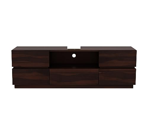 Image of Rustic Solid Sheesham Wood TV Unit Chest of Drawers for Living Room - 5 Drawers and 1 Shelf Storage - Accommodates up to 60 Inch TV (Bayern, Walnut Finish)