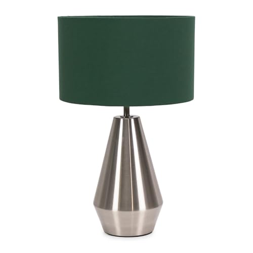 Image of ValueLights | Silver Metal Touch Dimmer Table Lamp with Forest Green Drum Shade | Home Décor, Bedside & Desk Lamp