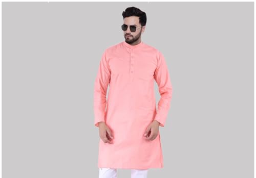 Image of Men's Cotton Blend Blend Knee Length Solid Color Style Stright Long Mandrin Collor Ethnic Casual Wear Kurta Only