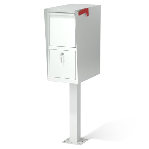POCHAR Large Locking Mailbox for Outside - Secure Curbside Mailbox Post Mount with Base Plate - Weekend-Away Design Outdoor Commercial Mail Box for Business, Package Drop Box, White