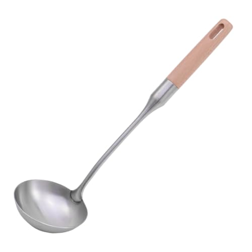 MUCKLILY 1PC Stainless Steel Soup Ladle with Wooden Handle Long Handle Scoop for Kitchen Restaurant and Catering Use Non Stick Heat Resistant Design