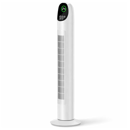 Jorunb Tower Fan with Remote 90 Oscillation Bladeless Standing Fan 27ft/s High-Speed 34dB Quiet Floor Fan Pedestal Fans with 3 Speeds 3 Modes 12H Timer Temperature LED Display (White-1)