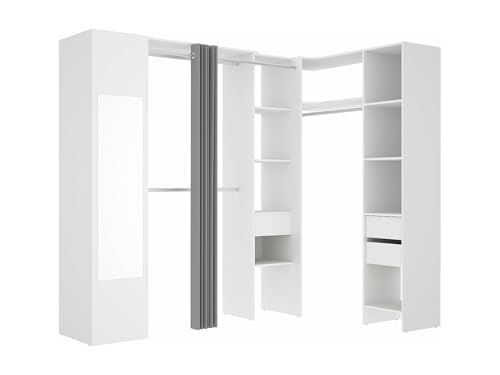 Vente-unique Eckkleiderschrank mit Vorhang & 1 Tür - Mit Spiegel - B 231 cm - Weiß & Grau - Bertrand