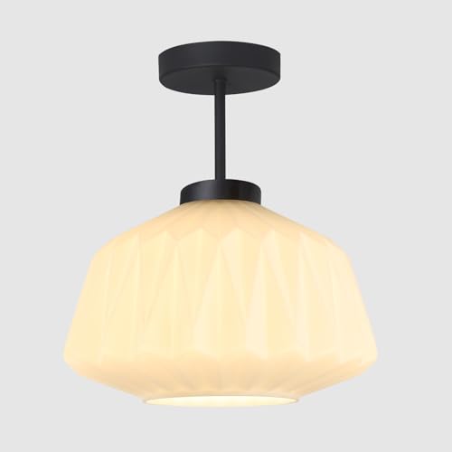 Image of Modern Black Ceiling Light Semi Flush Mount Ceiling Lights Fixture with White Striation Glass Shade for Entryway Bedroom Kitchen Foyer