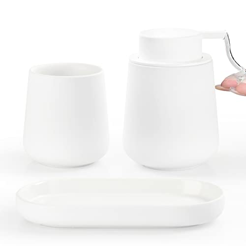 BosilunLife White Bathroom Accessory Set - 3 pcs Ceramic Bathroom Soap Dispenser Set Farmhouse Bathroom Decor Sets Accessories, Soap Dispenser and Toothbrush Holder, Tray (White Set - Liquid Pump)