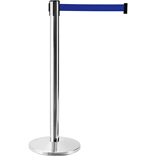 Global Industrial Retractable Belt Barrier, 40"H Stainless Steel Post with 16 lbs. Weighted Base, Self-Retracting 7-1/2'L x 2"W Blue Nylon Belt, Pack of 2