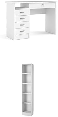 Tvilum Bundle - 5 Drawer Desk and 5 Shelf Narrow Bookcase Set, White
