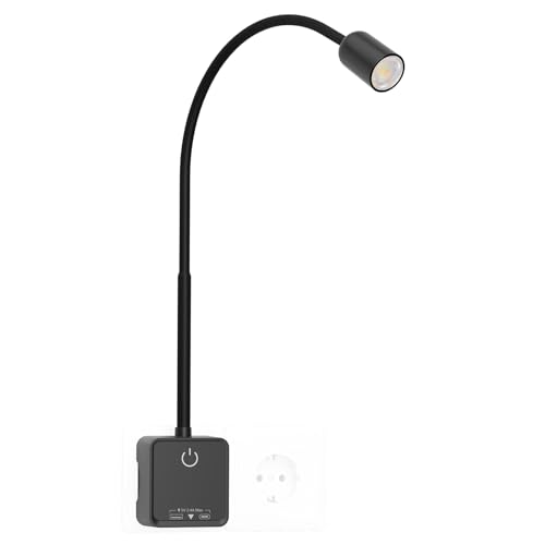 PRINCEWAY Lampe Applique Murale Intérieure de Spot LED avec Prise, Noir Liseuse Lampe Lecture de Chevet LED Dimmable pour Chambre, 3 Modes de Couleur, Angle...