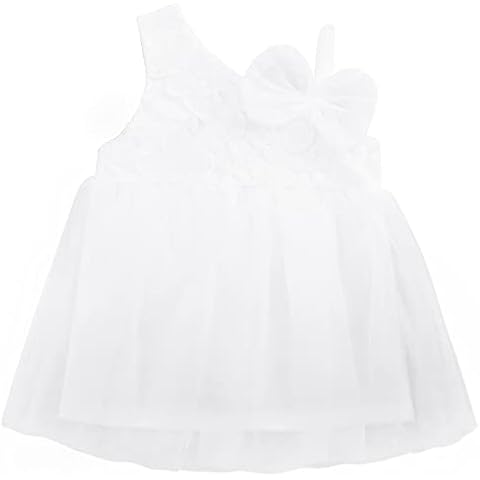 Camilife Baby Girl Soft Cotton Tulle Dress Lace Dress One Shoulder Sleeveless Summer Dresses for Princess with Cute Bow Flower Embroidery - Plain White Size 9M, Plain White, 6-9 Months Cover