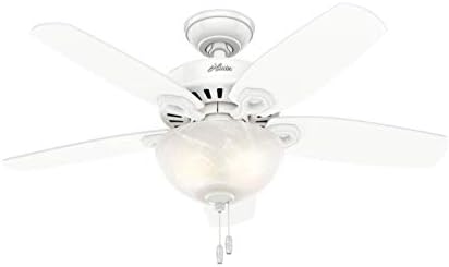 Hunter 42 inch Indoor Ceiling Fan with LED Light - White Ceiling Fan with Pull Chain, For Bedroom or Living Room, Standard Mount, No Remote, 5 Blades, Includes Bulbs - Builder 52217, Snow White