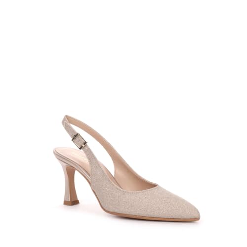 Valleverde 19101C Scarpe Eleganti da Donna con Tacco, Slingback Glitterato Champagne, Tacco 8 cm, Punta a Mandorla (Platino, Sistema Taglie Calzature EU, Adulto, Donna, Numero, Media, 38)