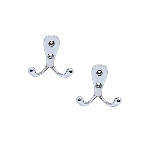 FAPBADRI Multipurpose Hooks, Used to Hang Clothes, Bags, Coats, Curtain Hold Backs, Keys, Colour - Silver, Material - White Metal, Screws and Wallplugs Included, Pack of 2 Pieces
