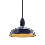 Steel Lighting Co. Carson Barn Light | Ceiling Mounted Pendant | 16 inch Dome | 4' Black Cord | Industrial Style Steel Light Made in America | Navy Blue Exterior/Brass Interior