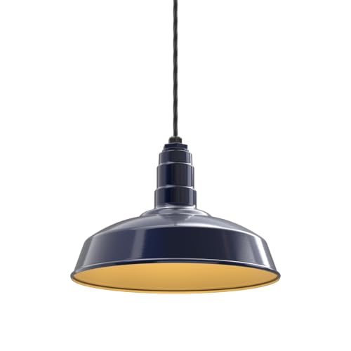 Image of Steel Lighting Co. Carson Barn Light | Ceiling Mounted Pendant | 16 inch Dome | 4' Black Cord | Industrial Style Steel Light Made in America | Navy Blue Exterior /Brass Interior