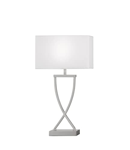 Fischer & Honsel Tischleuchte Anni, Tischlampe mit Stoff-Lampenschirm und aufwändigem Gestell, Schreibtischleuchte aus Metall in Nickelfarben matt & Weiß, E27-Fassung, 27x12x51cm