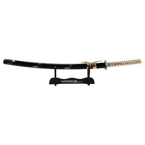 Handmade Real Full Tang Japanese Samurai Katana Sword Forged Clay Tempered 1095 Steel with Silver Tsuba Golden Color Sageo Cord Wrap Engraved Wood Scabbard (Display Stand Included) Cover